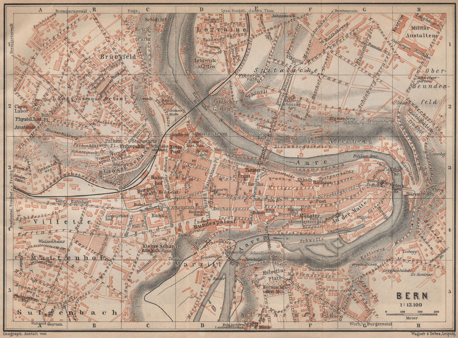 BERN BERNE. town city stadtplan. Switzerland Suisse Schweiz. BAEDEKER 1907 map